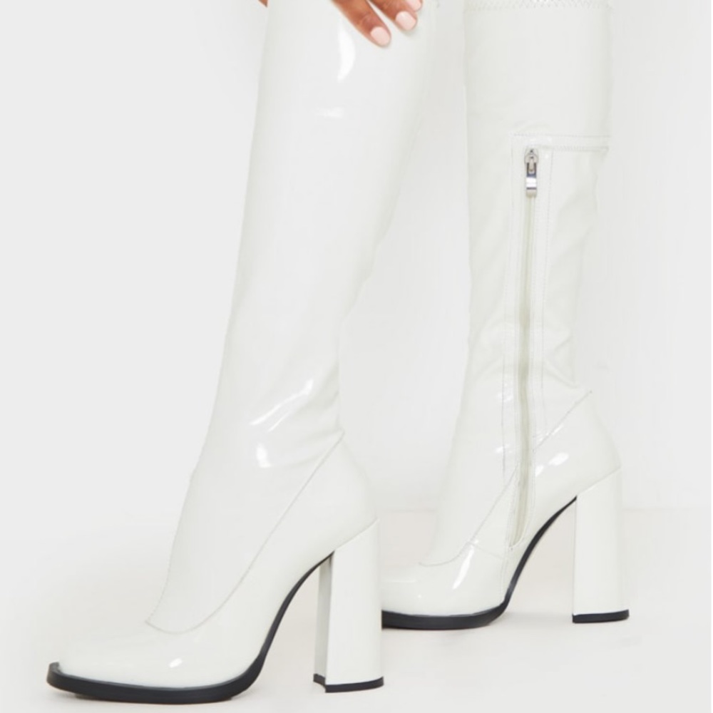 Pretty little thing white knee high boots